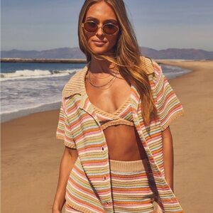 Vici vacation vibes Emory Park Striped Knit Top in Pink, Orange, and Tan